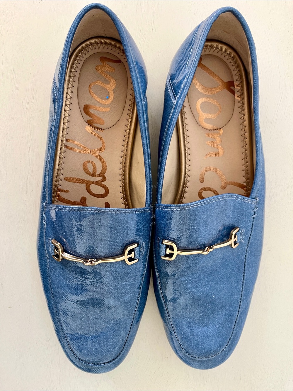 Sam Edelman Blue Patent Loafers with Gold Bit